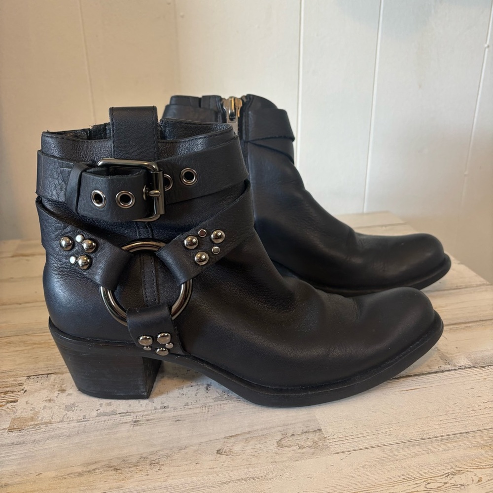 Cole Haan Black Leather Ankle Boots with Buckle & Ring Detail